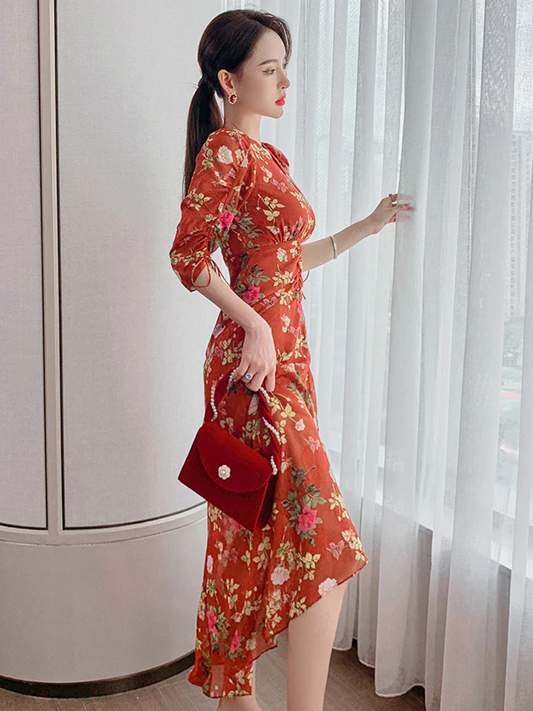 Femmes Vintage élégant Robe Maxi dames doux rétro vacances pansement plis fente longue Robe femme Boho vacances bord de mer robes