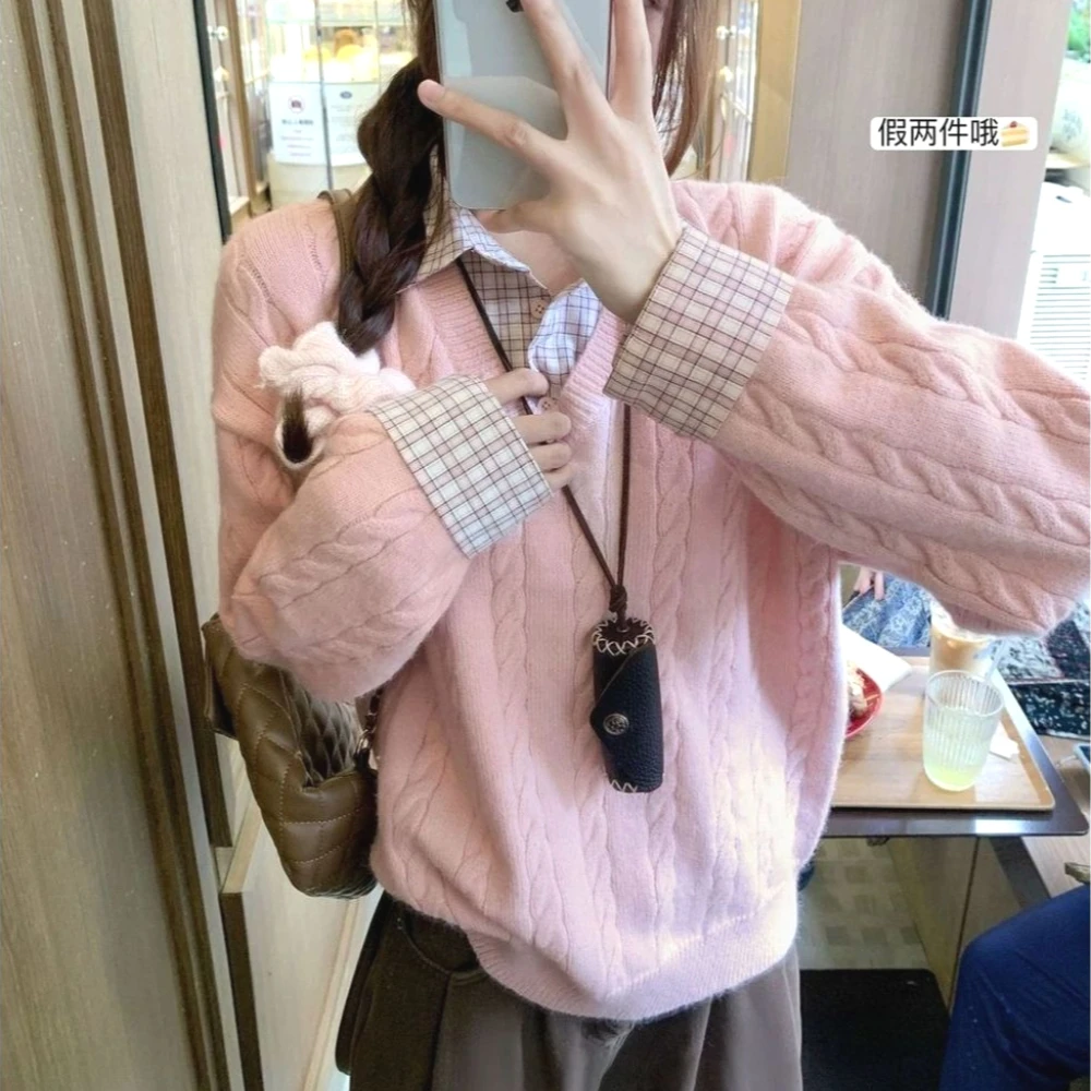 College Girls Sweet Elegant Polo Shirts Patch Knit Sweater Thicken Winter Warm Tops Korean Chic Design Fashion Full Sleeve Pink