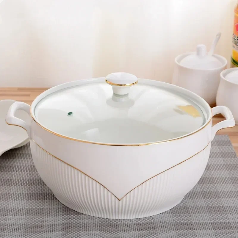 Ceramic Soup Pot  White Round Nordic Phnom Penh 2.6L Large Bowl with Lid Cooking Utensils Household Kitchen Supplies Tableware