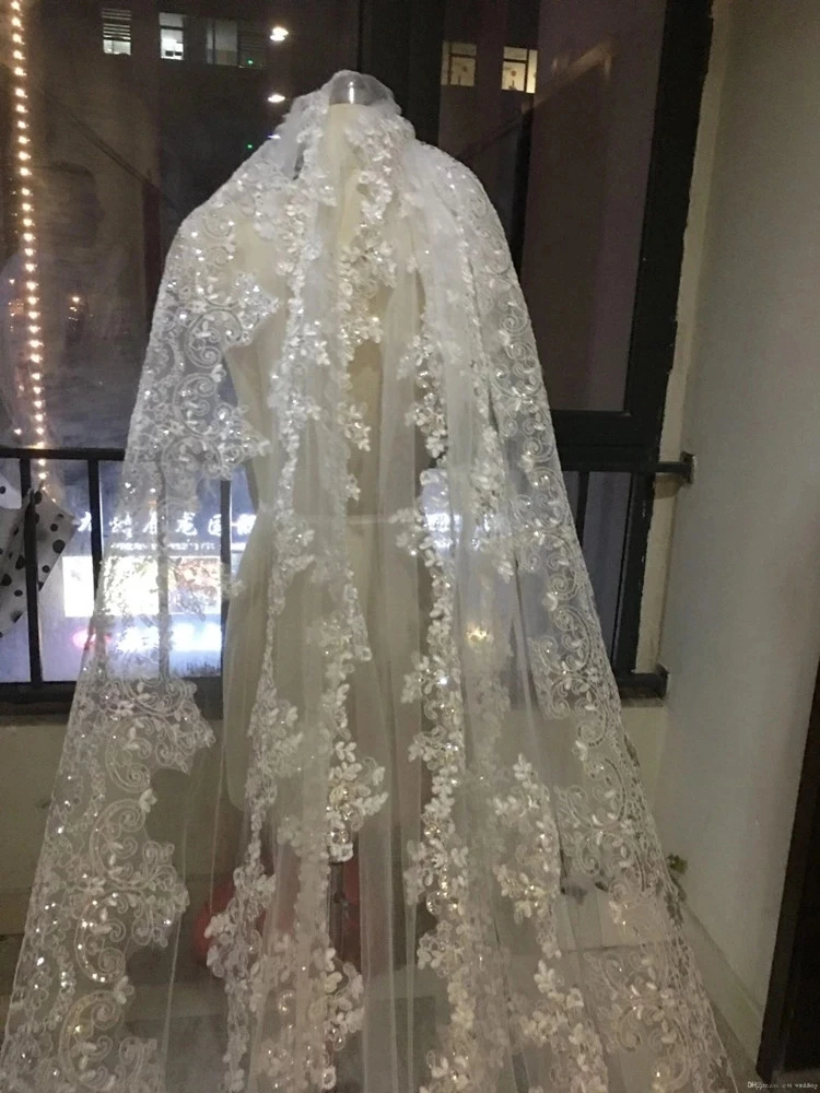 Scintillanti paillettes sposa cattedrale veli da sposa bordo in pizzo 1 strato con pettine in metallo 5 metri di lunghezza velo da sposa accessori da sposa