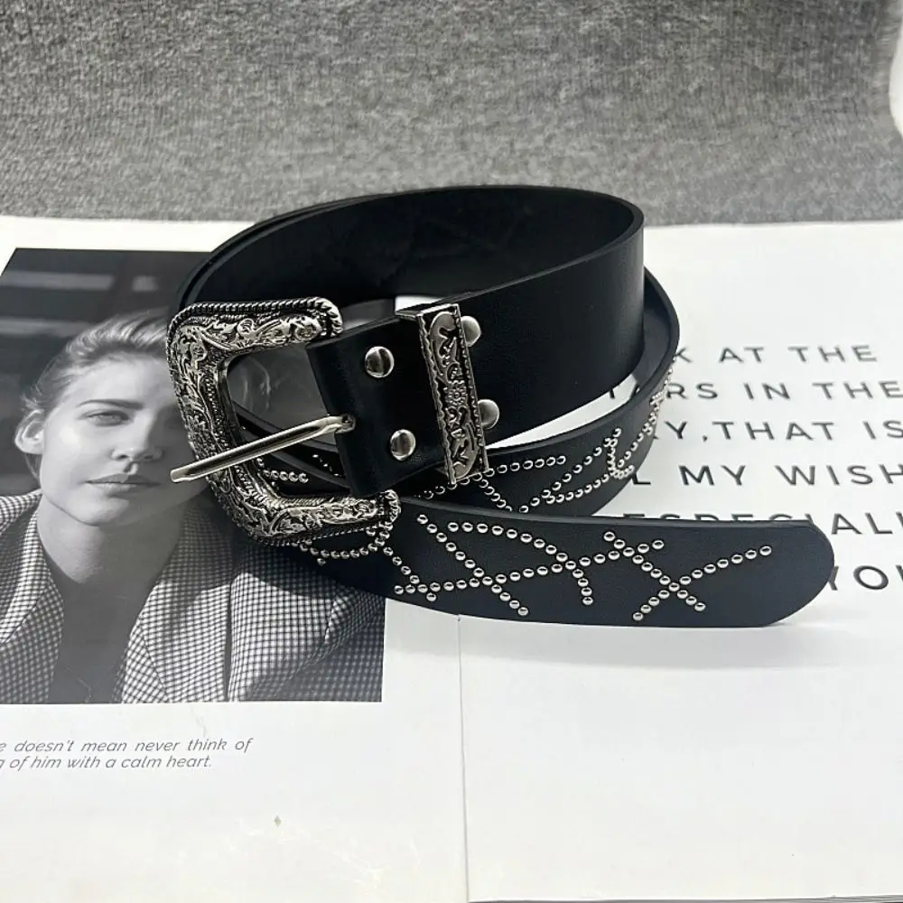 حزام نسائي كوري أمريكي قوطي أسود وأبيض بإبزيم حزام خصر برشام Y2k فستان حزام جينز ملابس الشارع