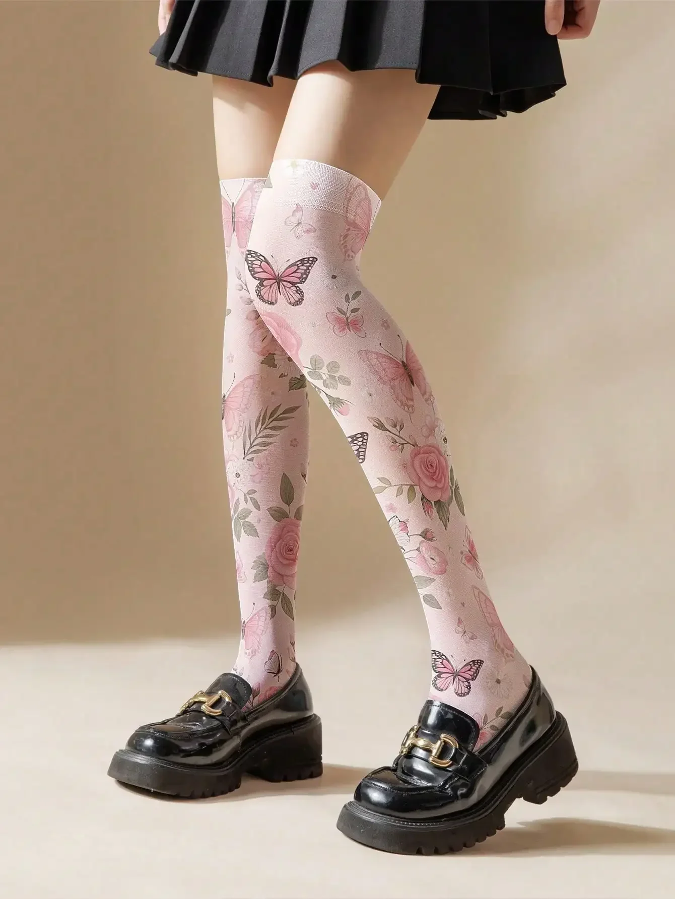 

1/2 Pairs 360° Allover Print Pink Butterfly & Rose Over-The-Knee Socks, High Elasticity Skin-Friendly Breathable Fabric, Japanes