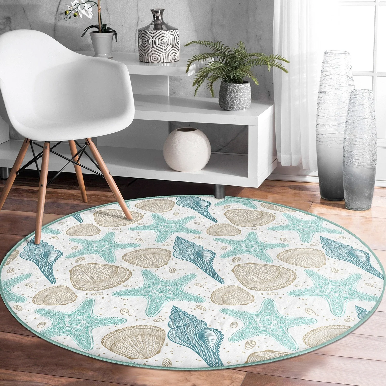 Beach Cottage Round Carpet Non-Slip Round Carpet Decorative Seaweed Shell Round Carpet Nautical Theme Carpet with Starfish Coastal Home Decor