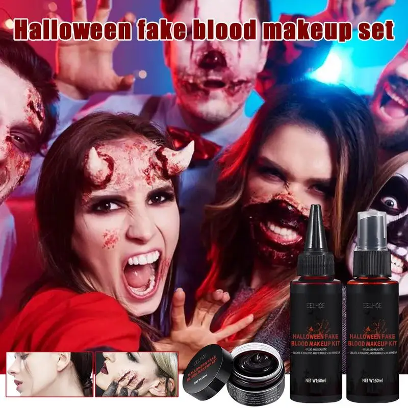 Kit de maquillaje de sangre falsa para Halloween, conjunto de sangre falsa lavable para ropa, sangre líquida realista para Halloween