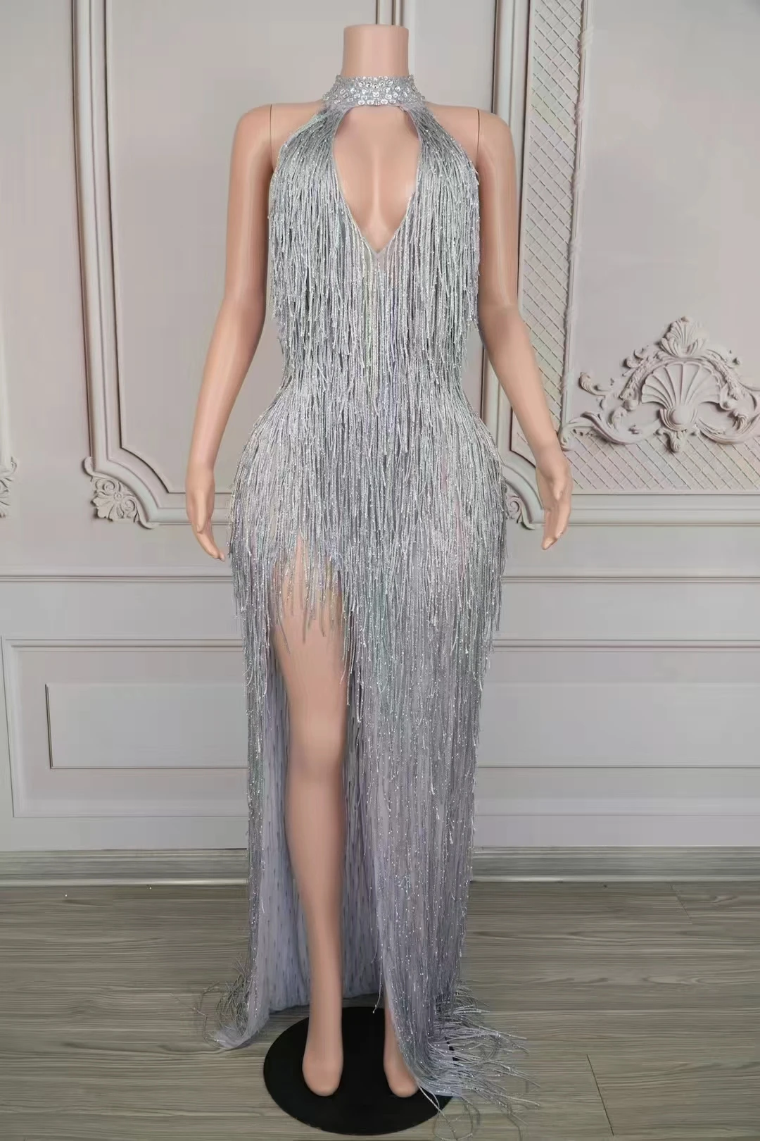 

Женское блестящее длинное платье с золотыми кристаллами и кисточками, сексуальное элегантное платье для выпускного вечера для вечернего клуба, дня рождения, вечеринки, сценического наряда G023