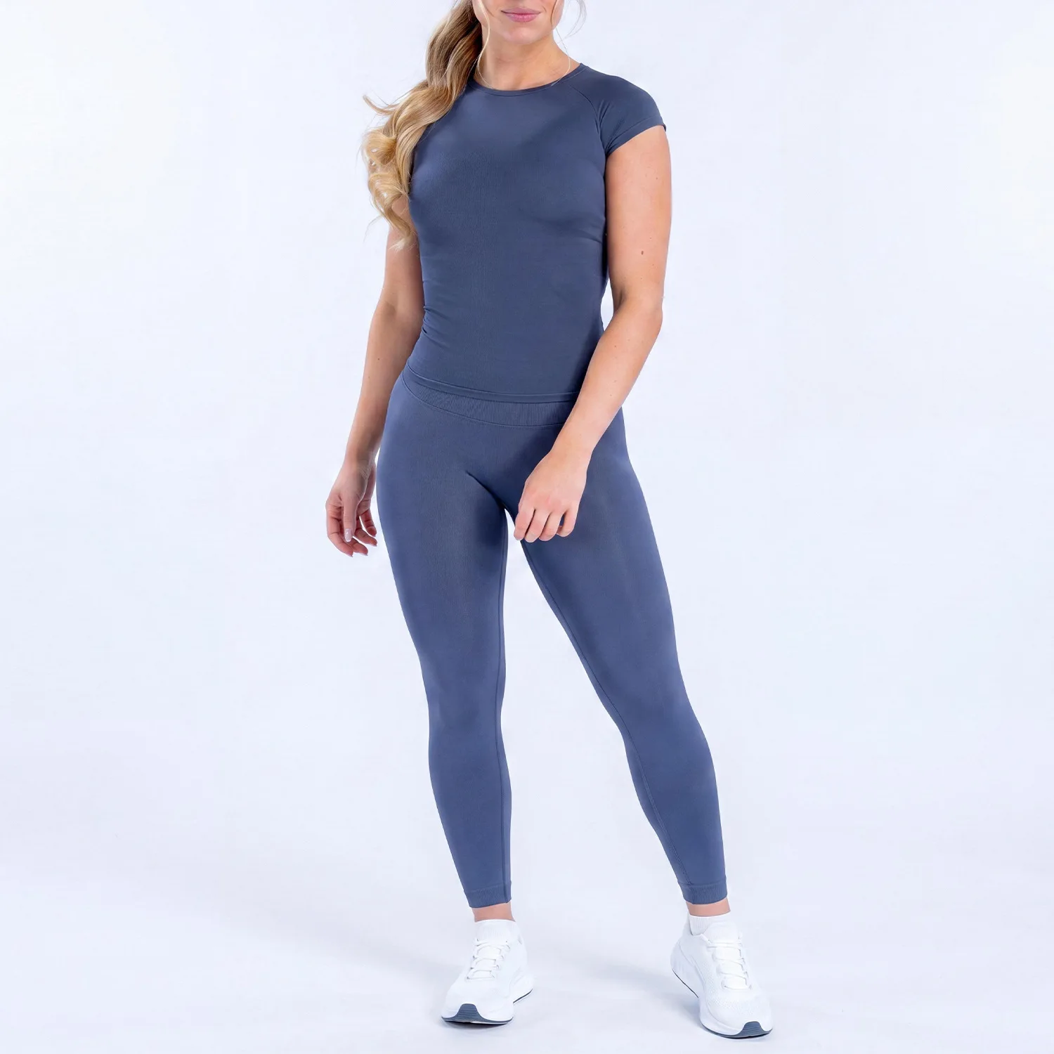 WAREBALL Damen 2-Teiliges Nahtloses Fitness-Outfit Kurzarm-Oberteil Hochgeschnittene Leggings Gym Workout Sportbekleidung Yoga-Set – Detail 8