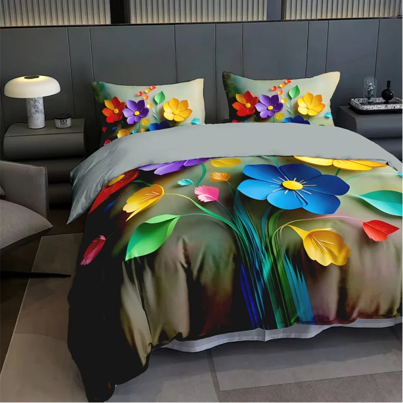 One Set3DFlower Pattern Suit-All-Season Zippered Polyester Bedding，Super Soft Frosted Fabric，Digital Printing Polyester100%，Mach