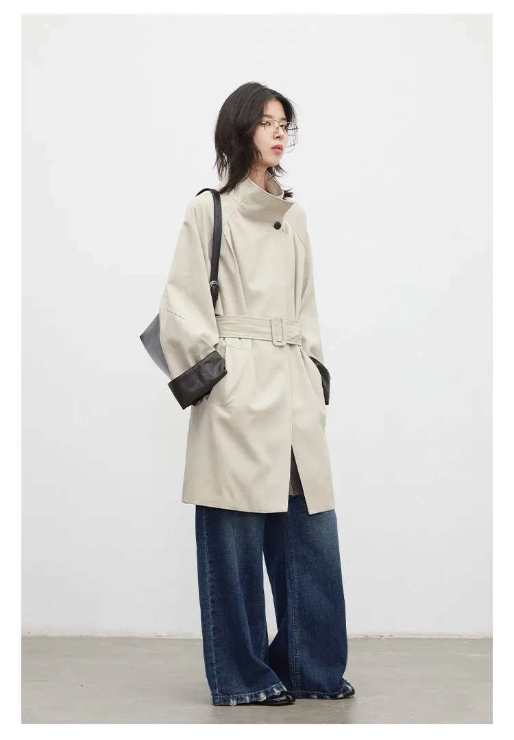 CHIC VEN Korean Women Mid Length PU Jacket Stand Collar One-button Laced Up Overcoat Office Lady Trench Coat Spring Autumn 2026