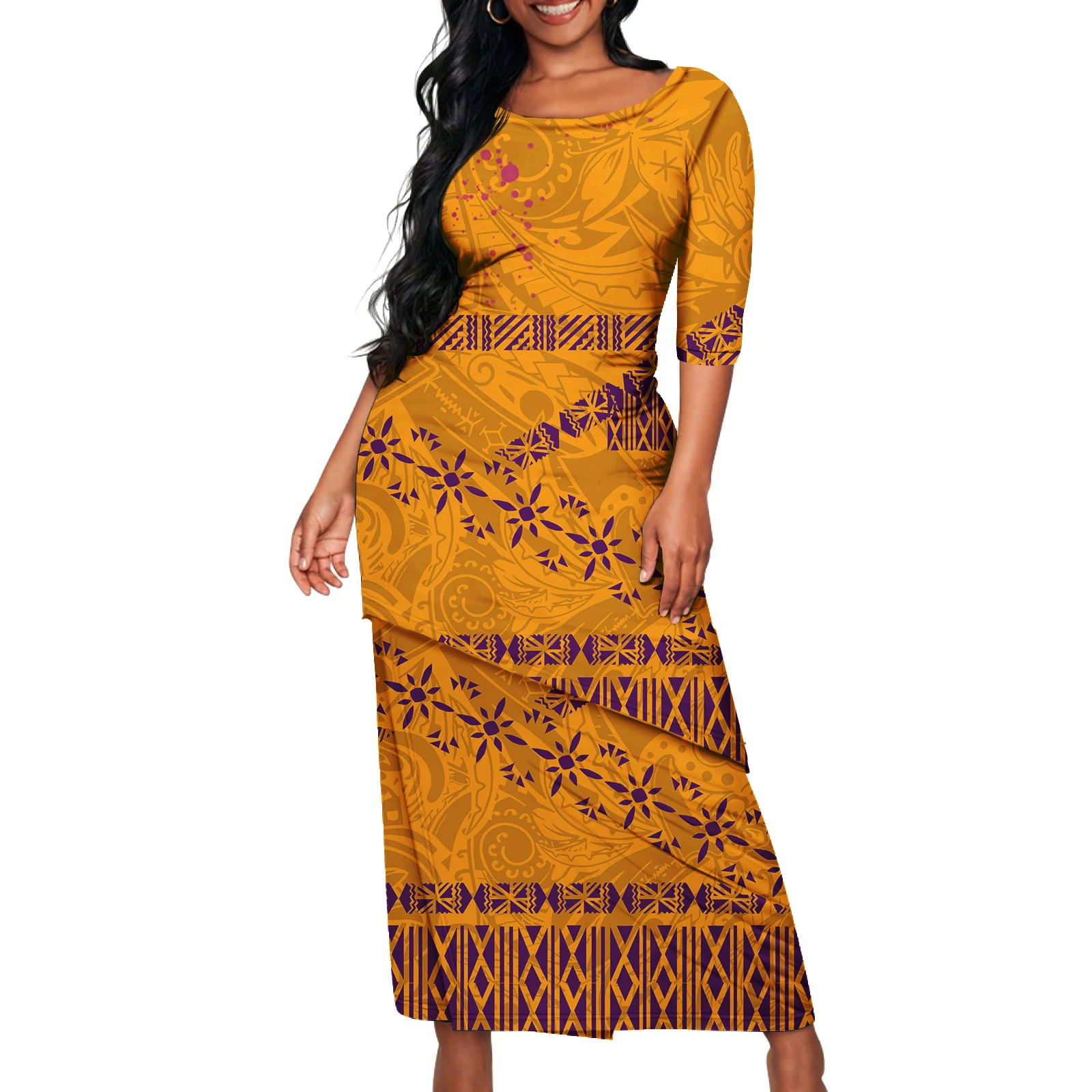 Saia de Terno Feminina Elegante com Design Exclusivo de Barra Inclinada para Baixo, Padrão Personalizado, Ajustada e de Camada Dupla, Estilo Puletasi Polinésio