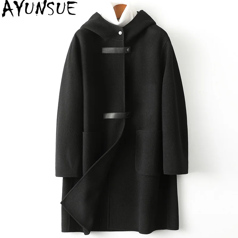 

AYUNSUE 100% Wool Jackets for Women 2023 Fall Winter Hooded Woolen Coat Casual Double-sided Wool Coats Loose Outwear Jaquetas