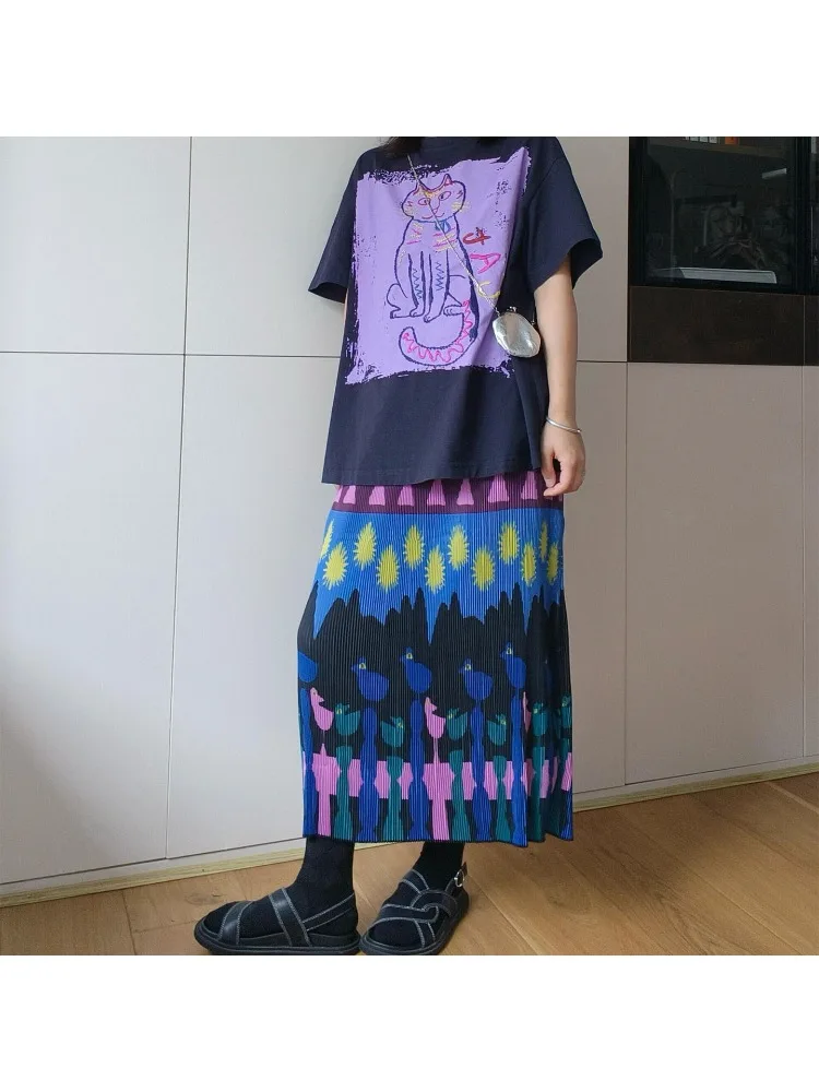 Miyake Pleated Skirt Retro Street Fashion Trend Straight Tube Long Skirt Japanese Harajuku Style High Waist Slimming Skirt