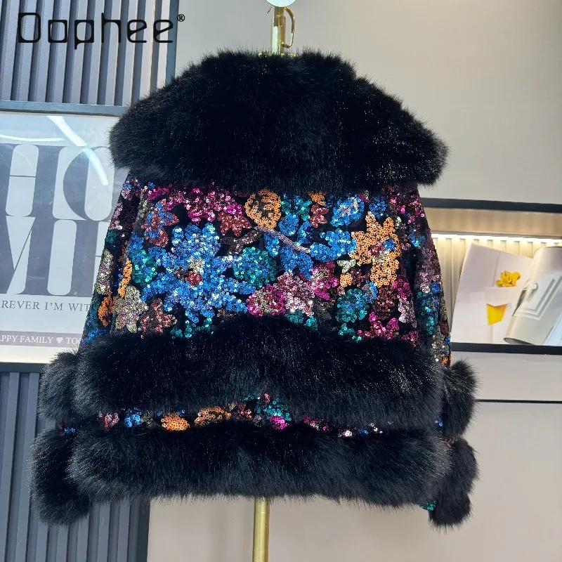 

Winter New European Mink Fur Plush Sequin Patchwork Large Lapel Eco-Friendly Fur Women Short Coat Trendy High-End Faux Fur