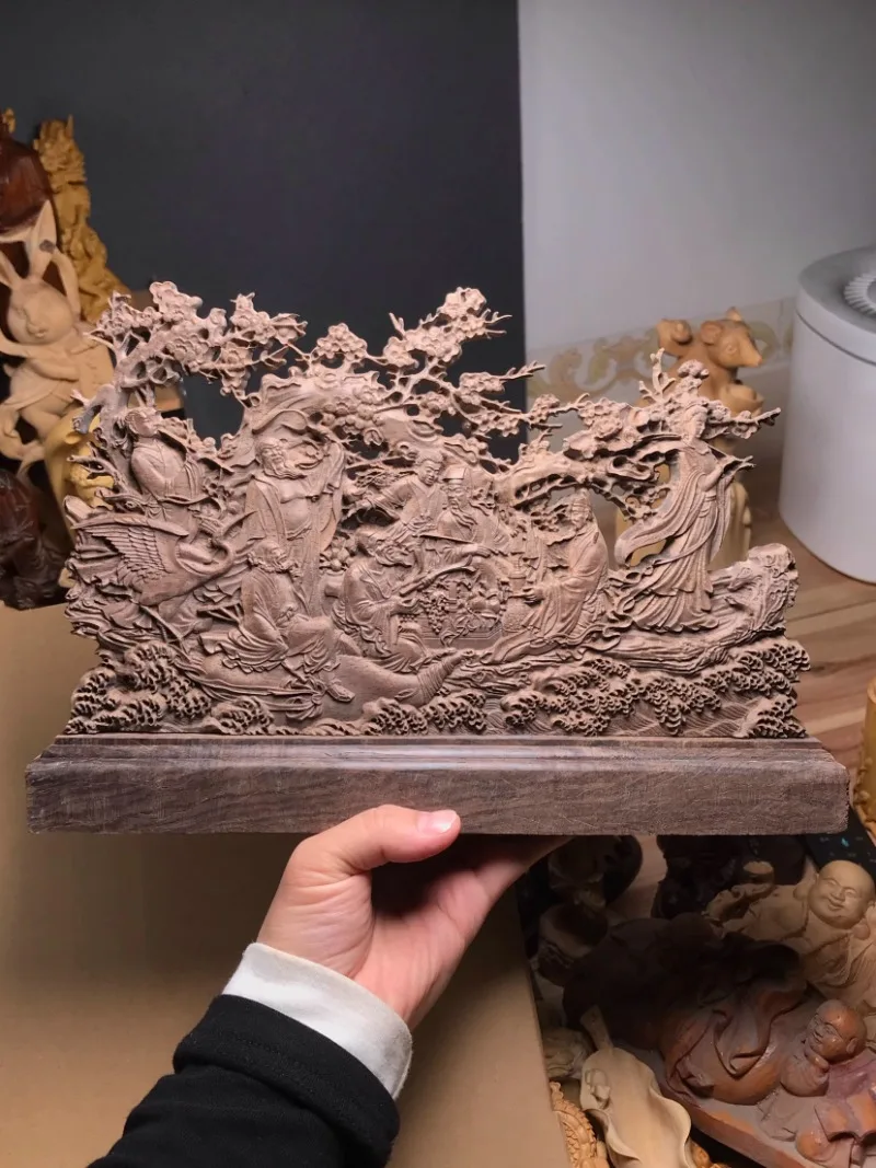 Hand Carved Ebony Wood Eight Immortals Crossing Sea Sculpture - Daoist Figures Ornament Home Office Desk Decor Gift Collectible