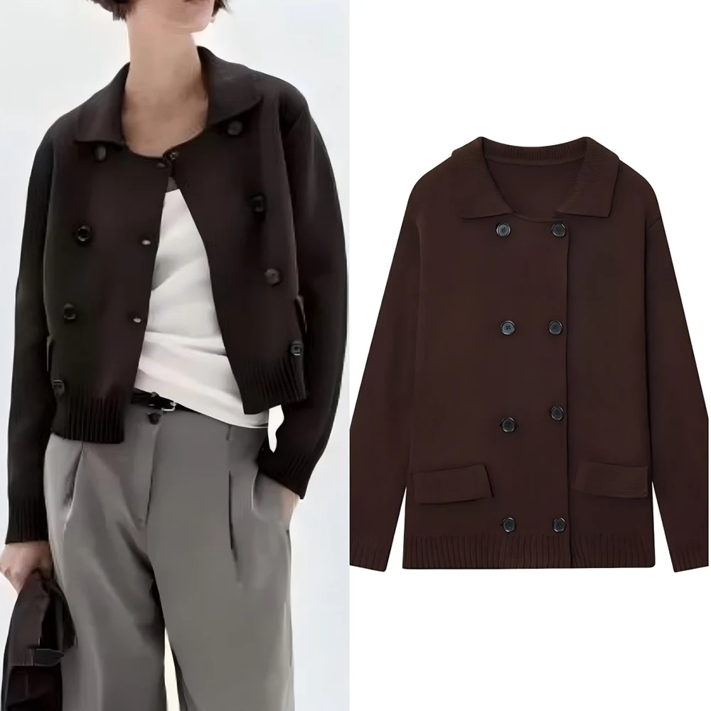 

Women's new fashion flip decoration casual double breasted knitted Coat retro long sleeved women's Coat chic top