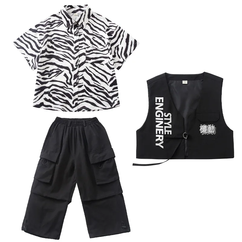 Kid Hip Hop Kleidung Streifen Druck Hemd Schwarze Weste Casual Straße Breite Tasche Cargo Hosen für Mädchen Junge Jazz Dance Kostüm Kleidung