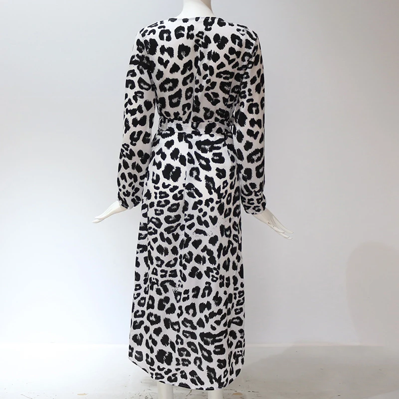Leopard print V-neck long sleeved lace up dress