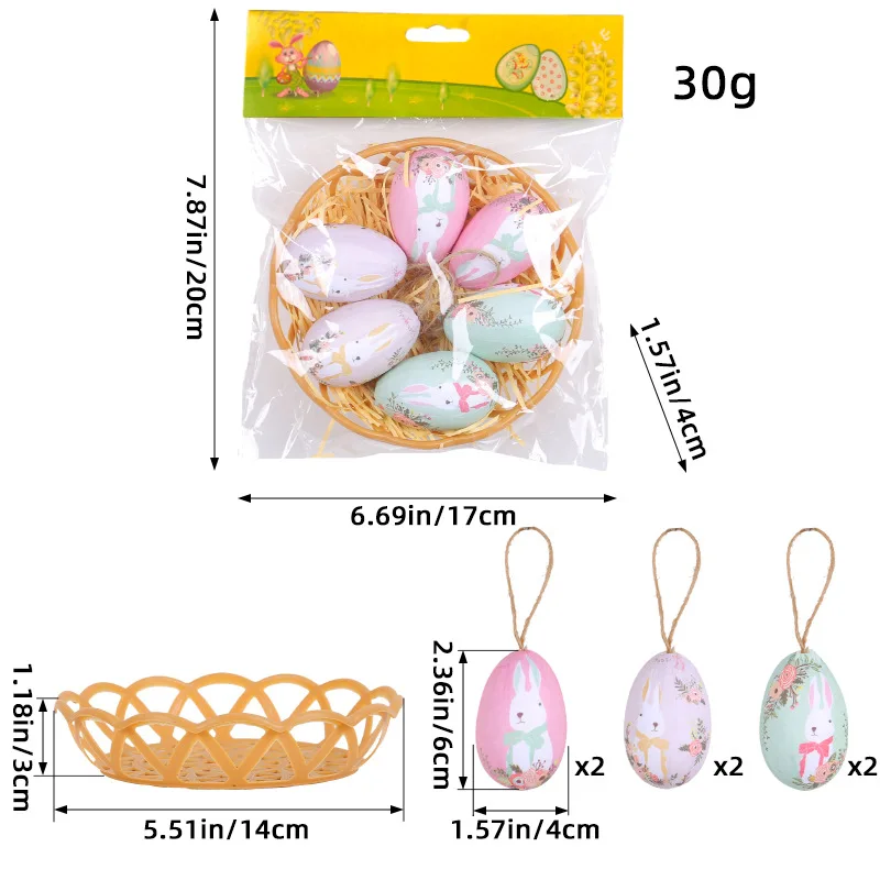 Easter Colorful Eggs with  Weaving Basket Easter Decorations 2025 Cartoon Bunny Eggs Painted Hanging Pendants Ornament Kids Gift