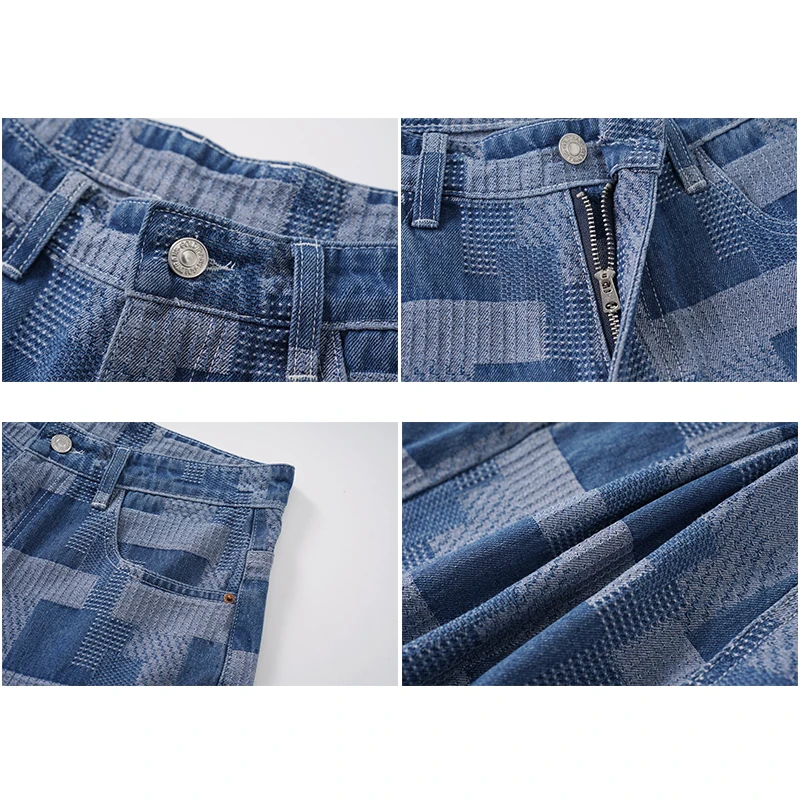 Fashion Plaid Denim Shorts for Men Summer New Straight Casual Splicing Jeans Streetwear Baggy Wide Short Pants Male