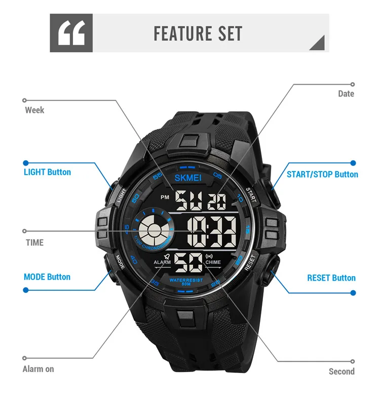 SKMEI Sport Watch Mens Back Light Digital Multifunctional Countdown Stopwatch Wristwatches 5Bar Waterproof Date reloj hombre