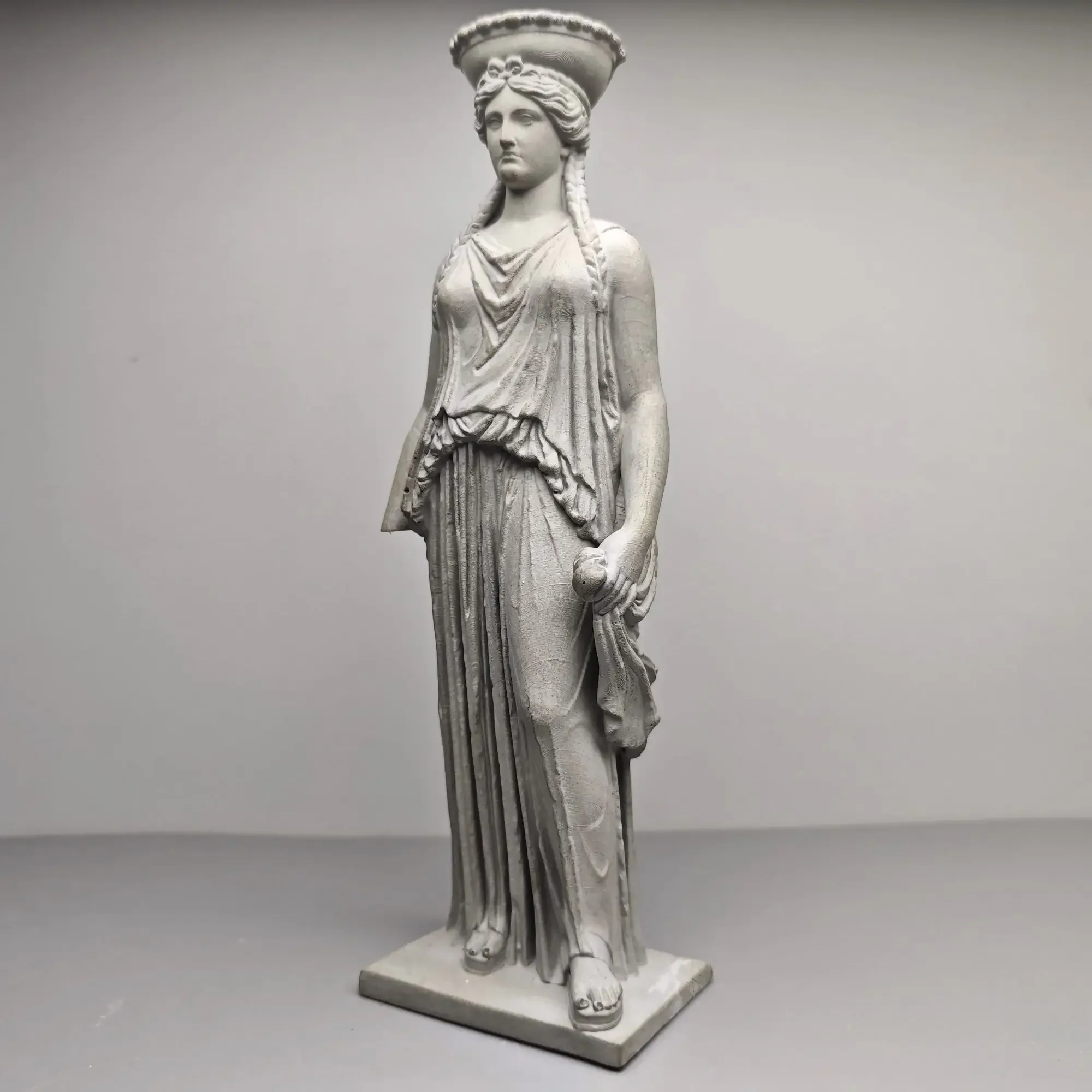 Cement of Greek temple caryatids, damaged Roman columns, plants, ancient Greek models, cement