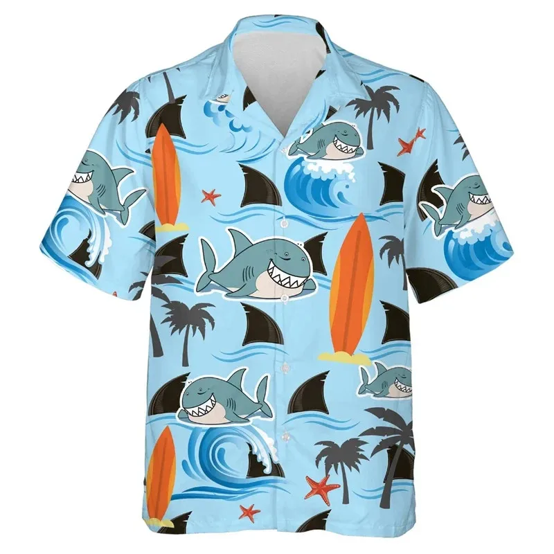 Hawaiian Shark Shirt for Children\'s Boy\'s Clothing Funny Animal Graphic Beach Shirt Lapel Blouse Vacation Short Sleeve Tops