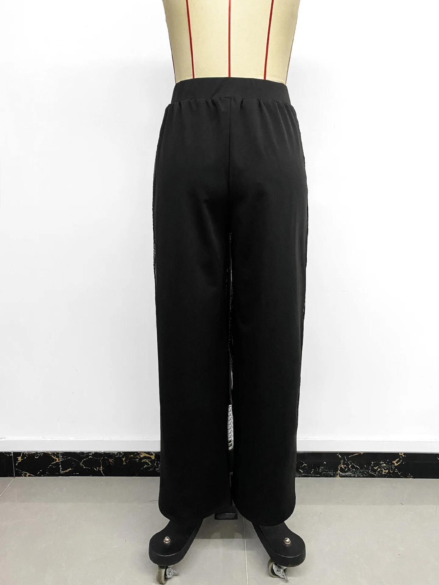 Womens Black Trendy Fashionable Elastic Waistband Sequin Splicing Straight Leg Pants Fashionable Retro Elegant Comfortable Pants