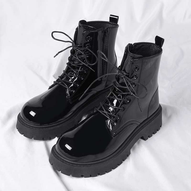 Combat Ankle Boots、Patent Leather Boots、Glossy Shiny Boots、Side Zipper Boots、Chunky Lug Platform Sole、 Punk Motorcycle Boots