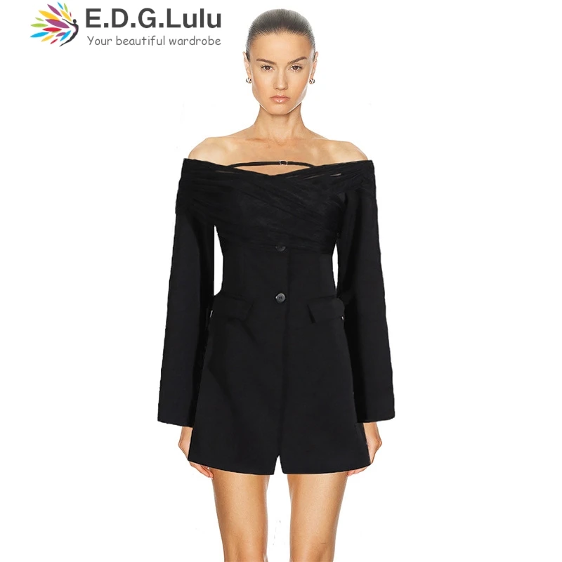 EDGLuLu  Fashion Off Shoulder Mesh Patchwork Long Sleeves Blazer Coat Woman Single Breasted Black Suit Jacket For Women 1126