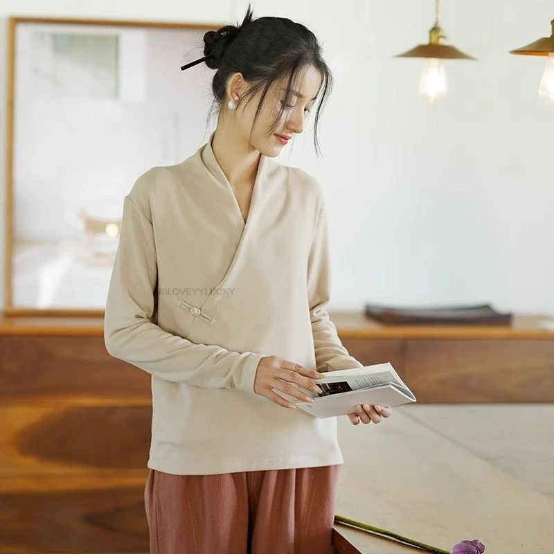 

Двусторонний бархатный базовый слой на пуговицах для женщин, одежда для дома и улицы, осенне-зимняя китайская блузка с v-образным вырезом