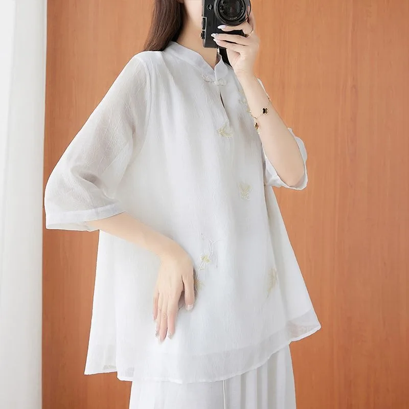 Women's Cotton and Linen Blouses Pullover Half Sleeve Retro Top Stand Collar Loose Thin Shirt Chinese Embroidery Tea Clothing