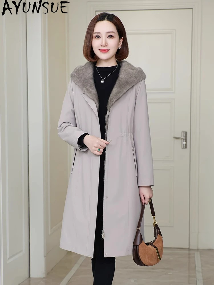 

AYUNSUE Real Mink Fur Coat Women Winter Clothes Mid-length Parka Liner Detachable Real Fur Coat Womens Coats Пальто Женское