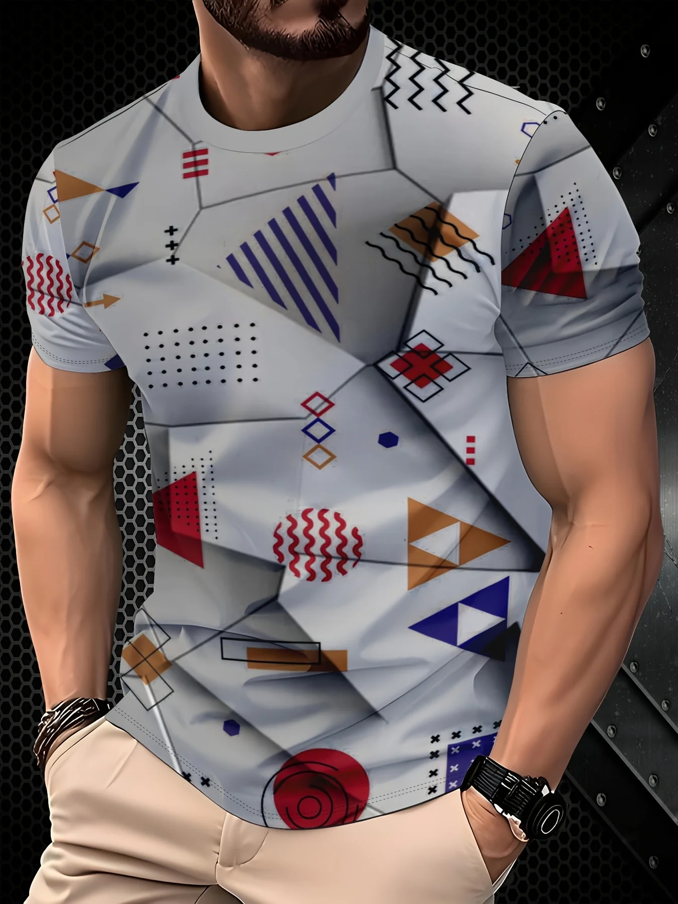 Men Multicolor Triangle Square Wave Dot Geometric Print Light Gray Short Sleeve T-shirt