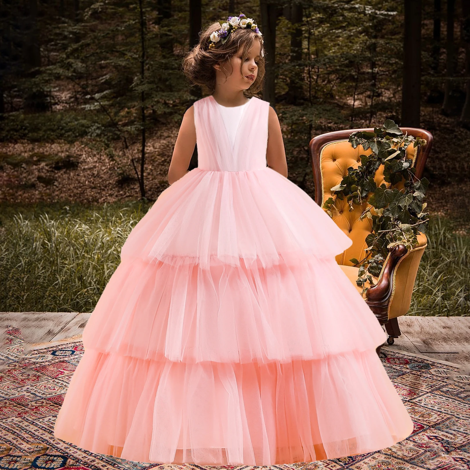 2024 Formal Sequins Children\'s Wedding Dress Fluffy Lace Prom Evening Party Dresses Costume Bridesmaid Princess Girls Clothing