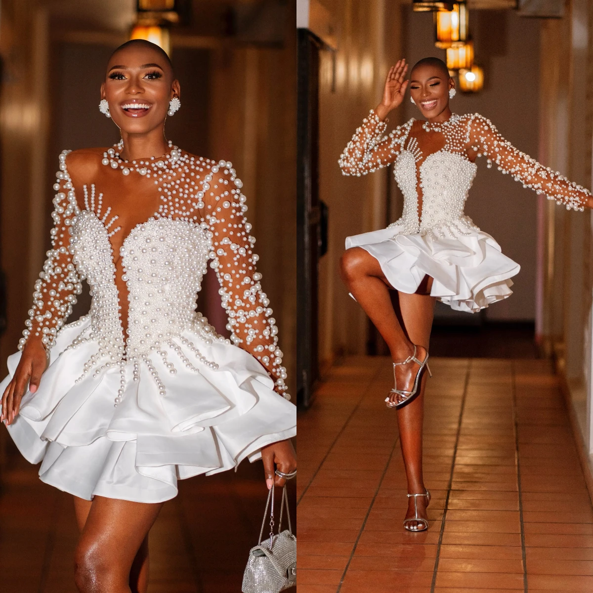 Luxury White Pearls Beaded Short Prom Dresses For Black Women Long Sleeve Deep V Neck Ruffled Mini Evening Dress Customized