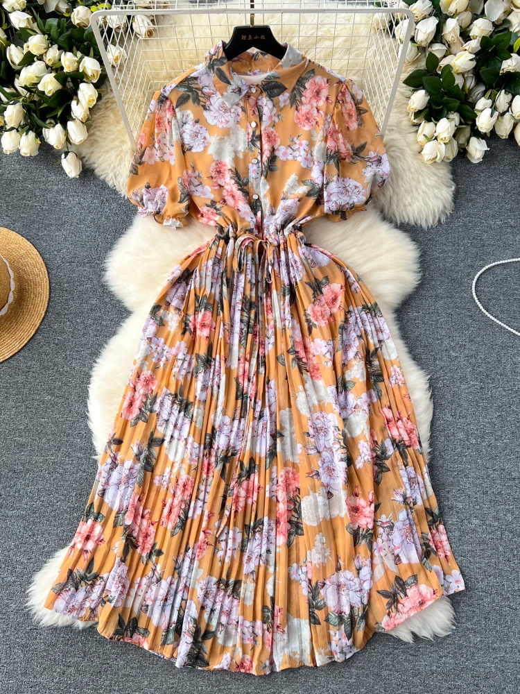 Frauen lässig Blumen Falten kleid Sommer Kurzarm Revers gedruckt lange Kleider Damen schlanke A-Linie Chiffon lange Robe Vestidos