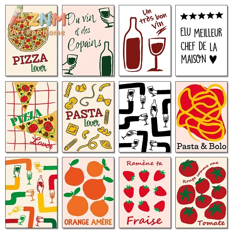 Kitchen Lemon Orange Strawberry Pizza Aperitif Good Wine Poster Print Wall Art Pictures Canvas Painting Living Room Home Decor