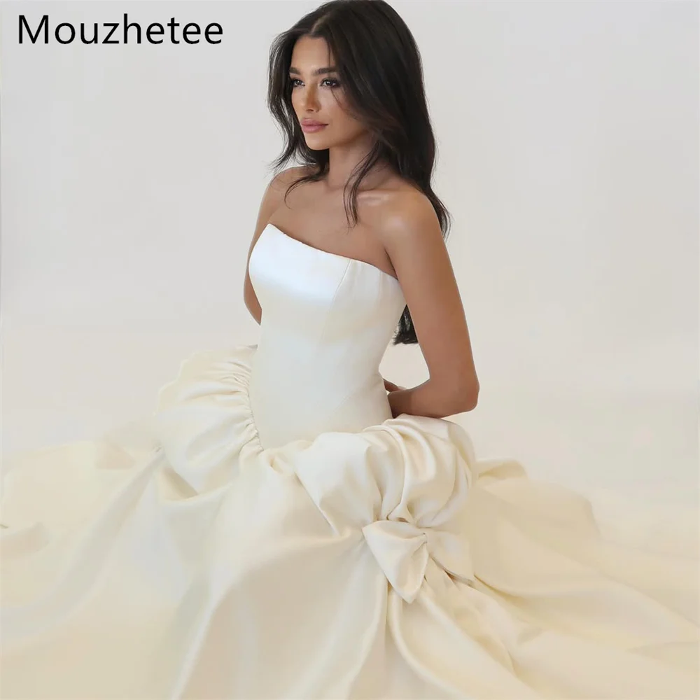 Mouzhetee A-Line Simple Pleat Bow Strapless Sleeveless Wedding Dresses Princess Corset Brides Gown Custom Made 2026
