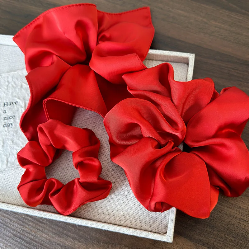 Retro Satin Red Color Hair Scrunchies Headband Women Temperament Hair Rope Tie Ponytail Rubber Band Lady Fashion Hair Accessorie