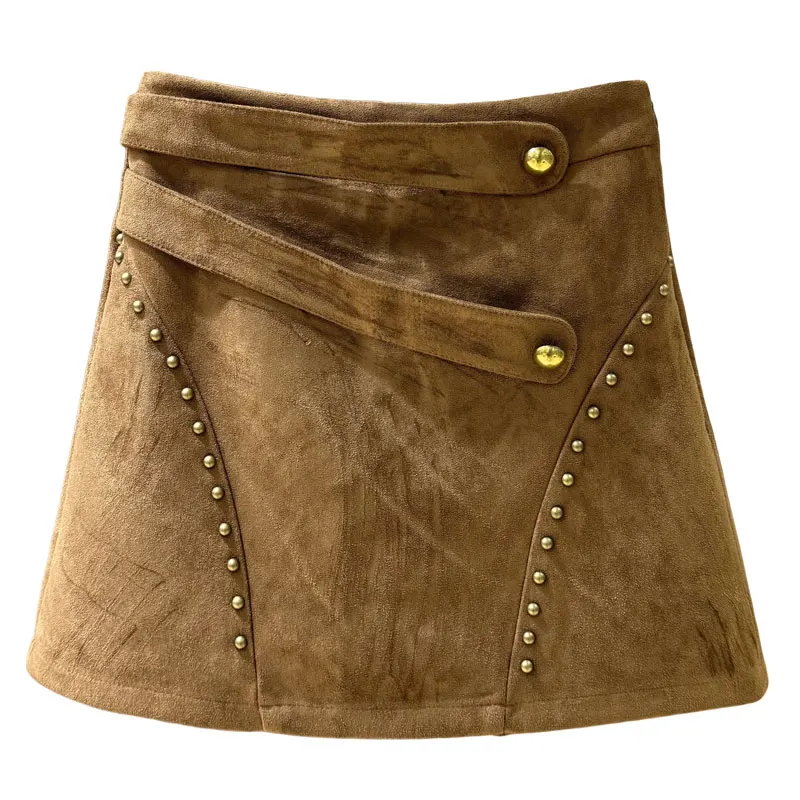 

Винтажная сверхпрочная короткая юбка с заклепками для женщин, осенние и зимние замшевые бархатные элегантные юбки трапециевидной формы, утягивающие высокую талию
