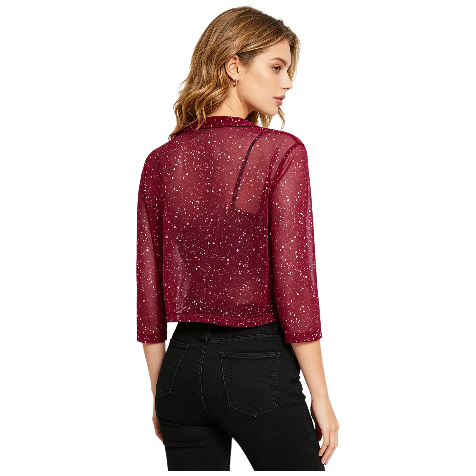 Women's Bolero Cardigan Metallic Shiny Spots 3/4 Sleeve Sheer Mesh Open Front Cropped Shrugs Shawls Elegant Party Jacket