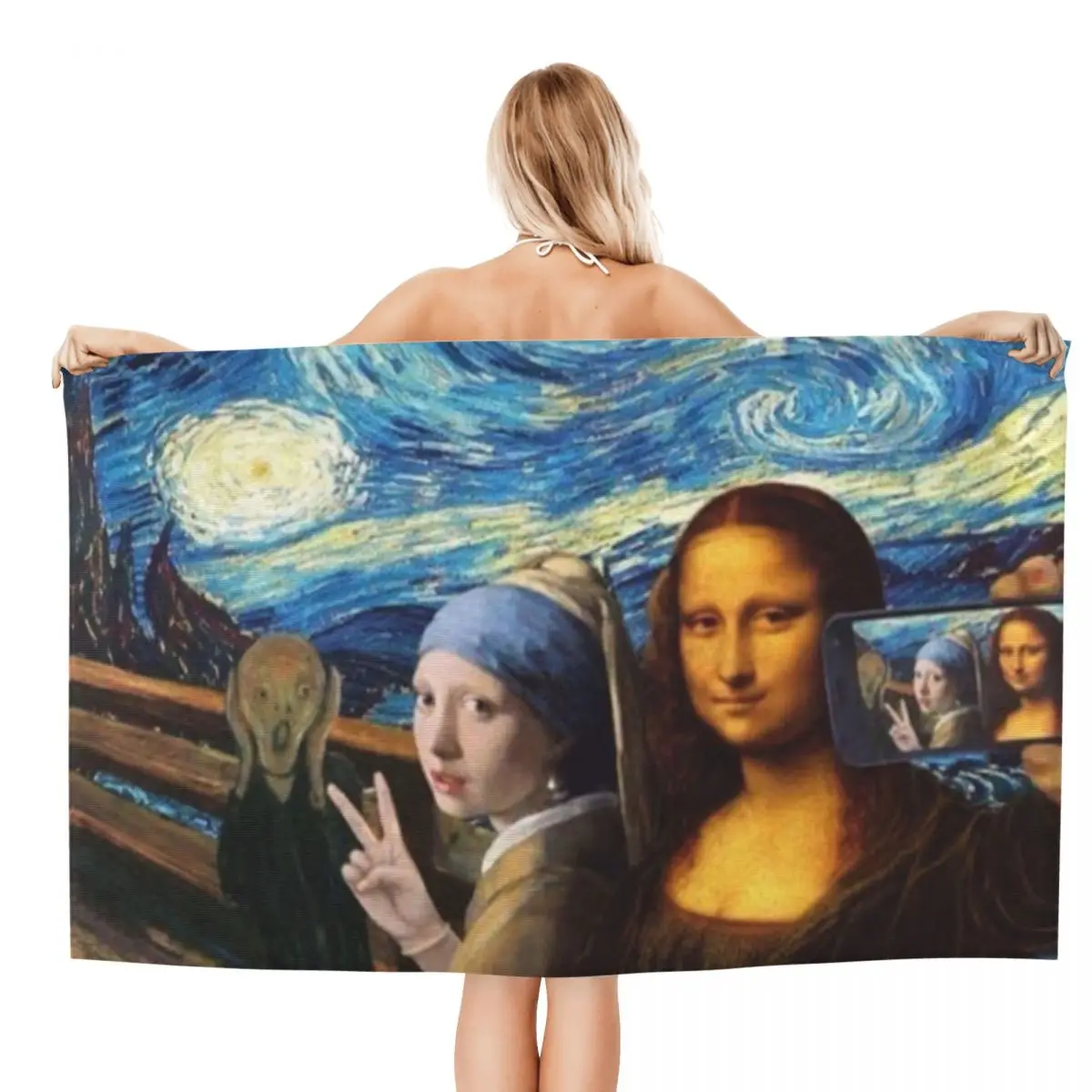 Custom Starry Night By Mona Lisa And Vincent Van Gogh Beach Towel Dry Art Painting Super Soft Microfiber Bathroom Sauna Towels