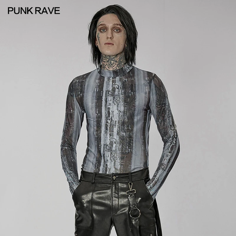 PUNK RAVE Men\'s Post-apocalyptic Style Tight Elastic Gauze T-shirt Punk Daily Simple Sense of Sci-tech Slim Tops 2 Colors Tees