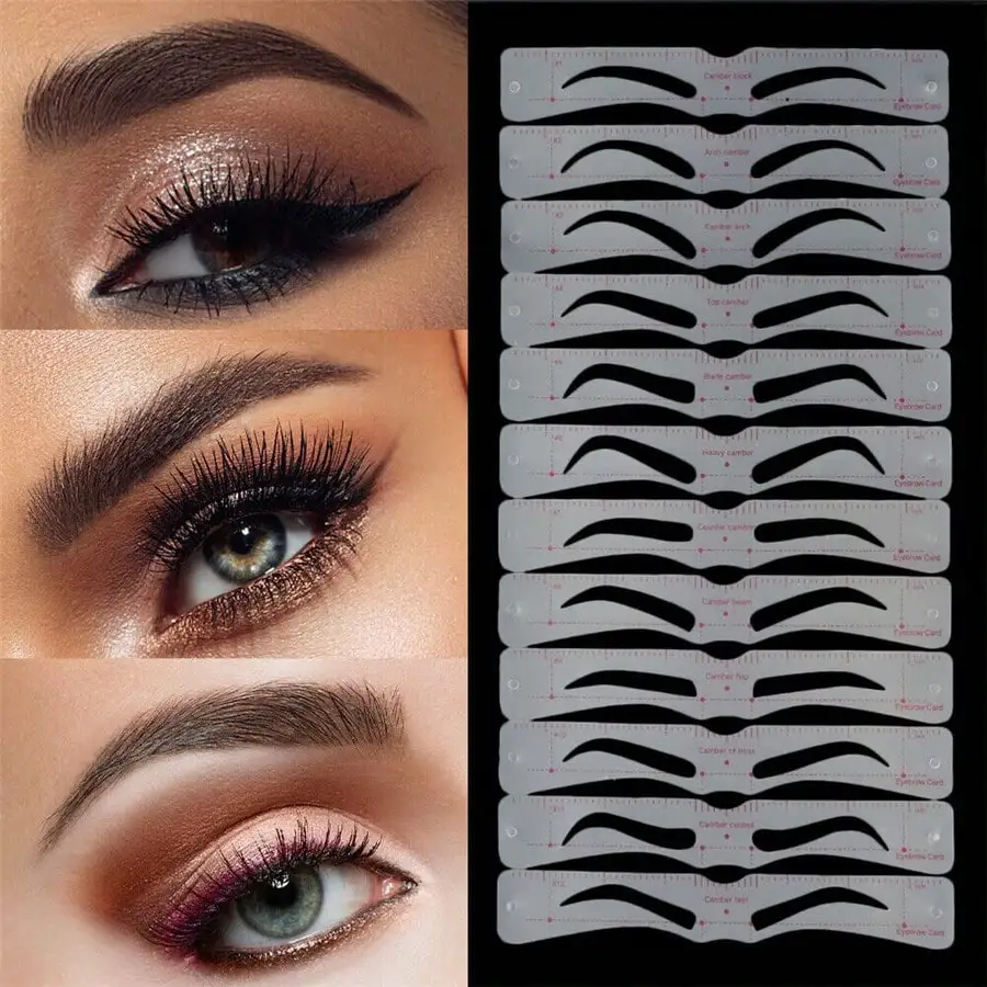Set Of 12 Reusable Stencils And Razor - Perfect Eyebrow DIY Kit, Create Flawless Beauty