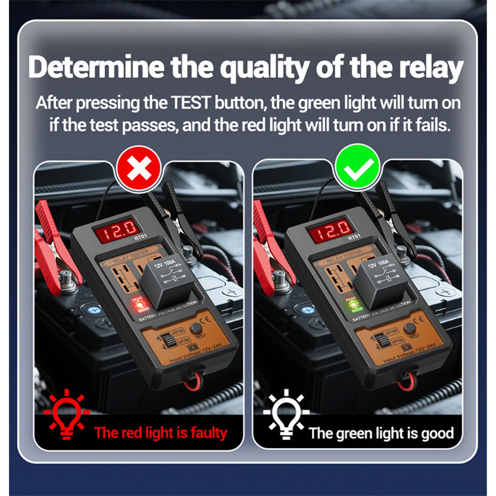 RT01 Battery Voltage Detector Car Tester Diagnostic 11-25V Voltage Aermotor Repair 4/5 Foot Socket Relay Analysis Test Tool