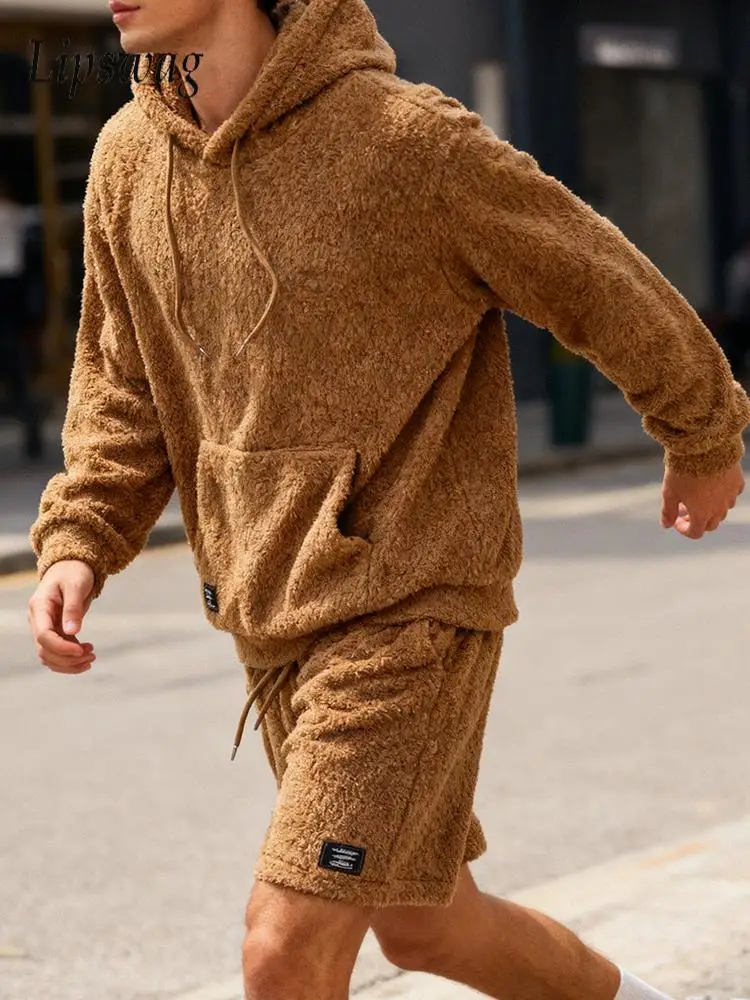 Fashion Solid Color Fleece Outfits Mens Fall Winter Stylish Loose Hoodies And Shorts Two Piece Sets Mens Casual Furry Tracksuits