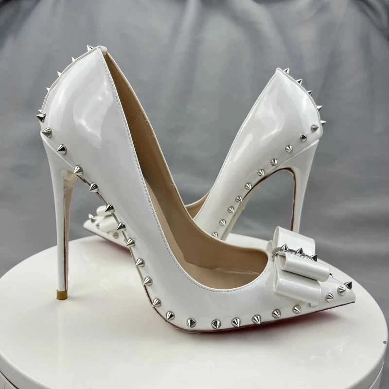 Tikicup White Patent Women Pointy Toe High Heel Shoes With Bow Sexy Spikes Rivets Stiletto Pumps For Party 8cm 10cm 12cm