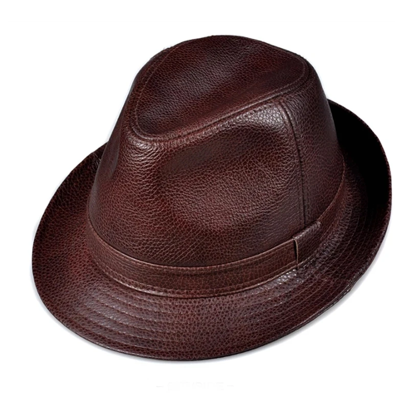 

New 2023 Man High Quality Genuine Leather Formal Hat Jazz Gentleman Cow Skin Short Brim Black/Brown Top Hat Male Shows Perform