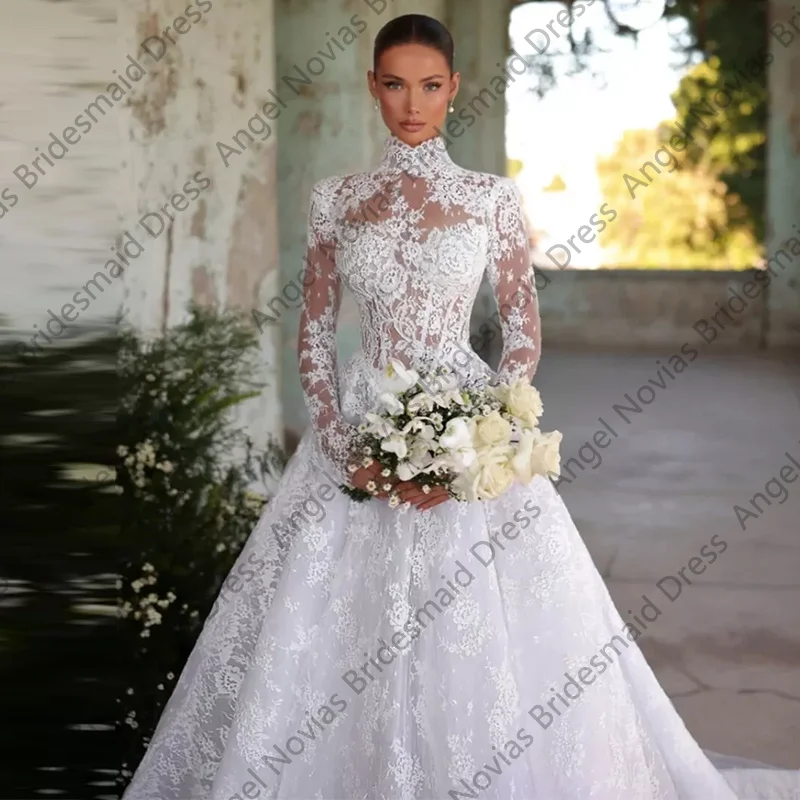Angel Novias Long Sleeves High Neckline Arabic A Line Wedding Dresses 2026 Bridal Gown Robe De Mariee Customizable Party Dress