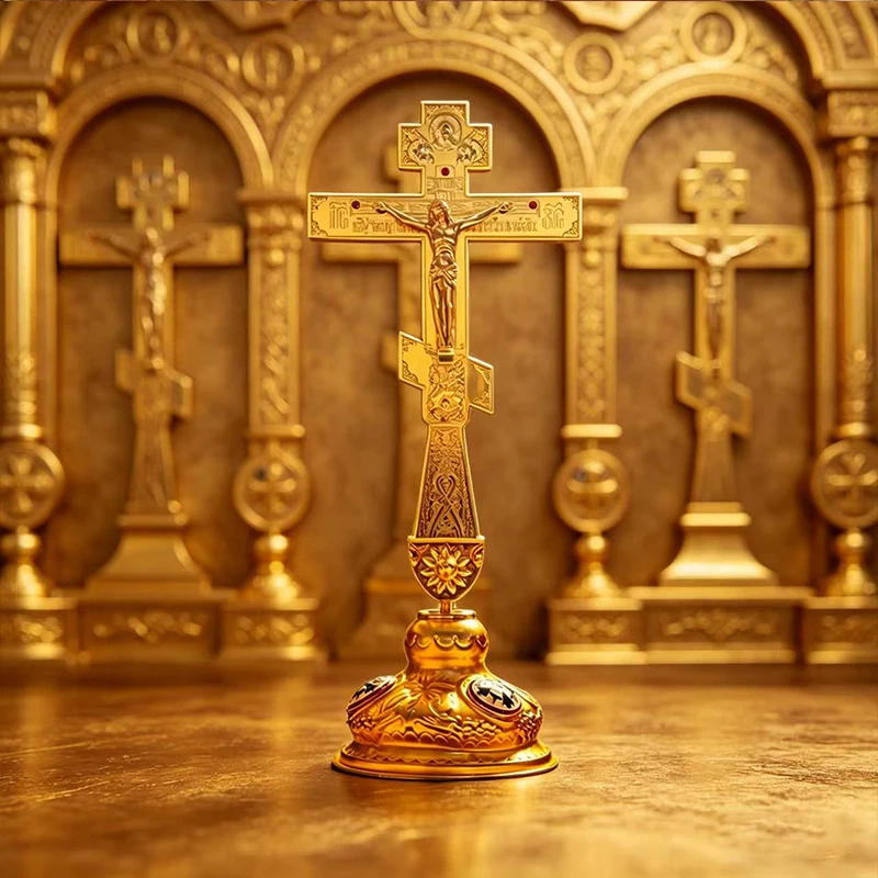 

New Byzantine Gold Plated Orthodox Standing Cross Crucifix with Enamel Base for Church Home Altar Prayer Christian Gift Decor