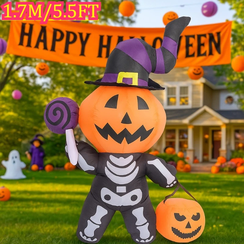 

5,5 футов Хэллоуин праздничное освещение гигантская тыква призрак украшения открытый сад двор домики светящийся декор ужас надутая модель